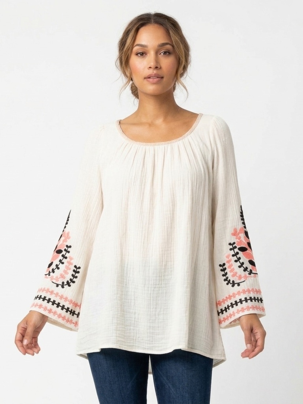 Umgee Women’s Embroidered Sleeve Peasant Blouse Cream Boho Size M